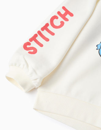 Sweat en coton peigné à capuche et imprimés Stitch pour fille, blanc