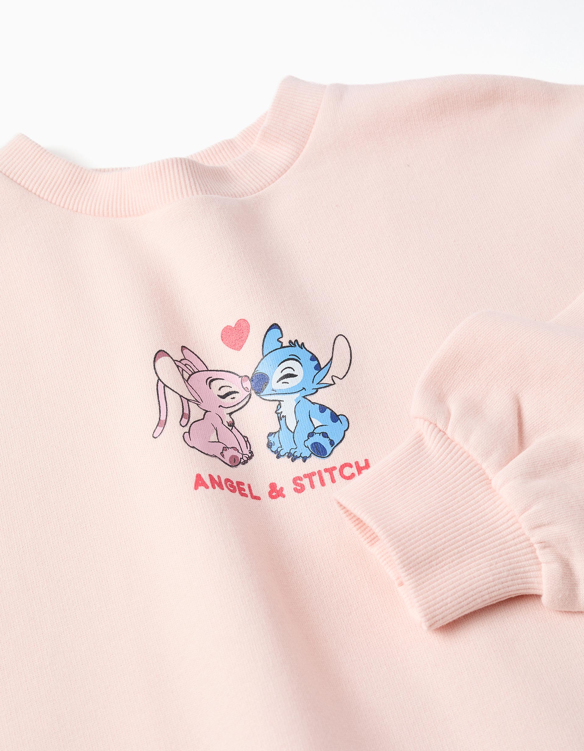 Brushed sweatshirt with Stitch & angel prints for girls, light pink