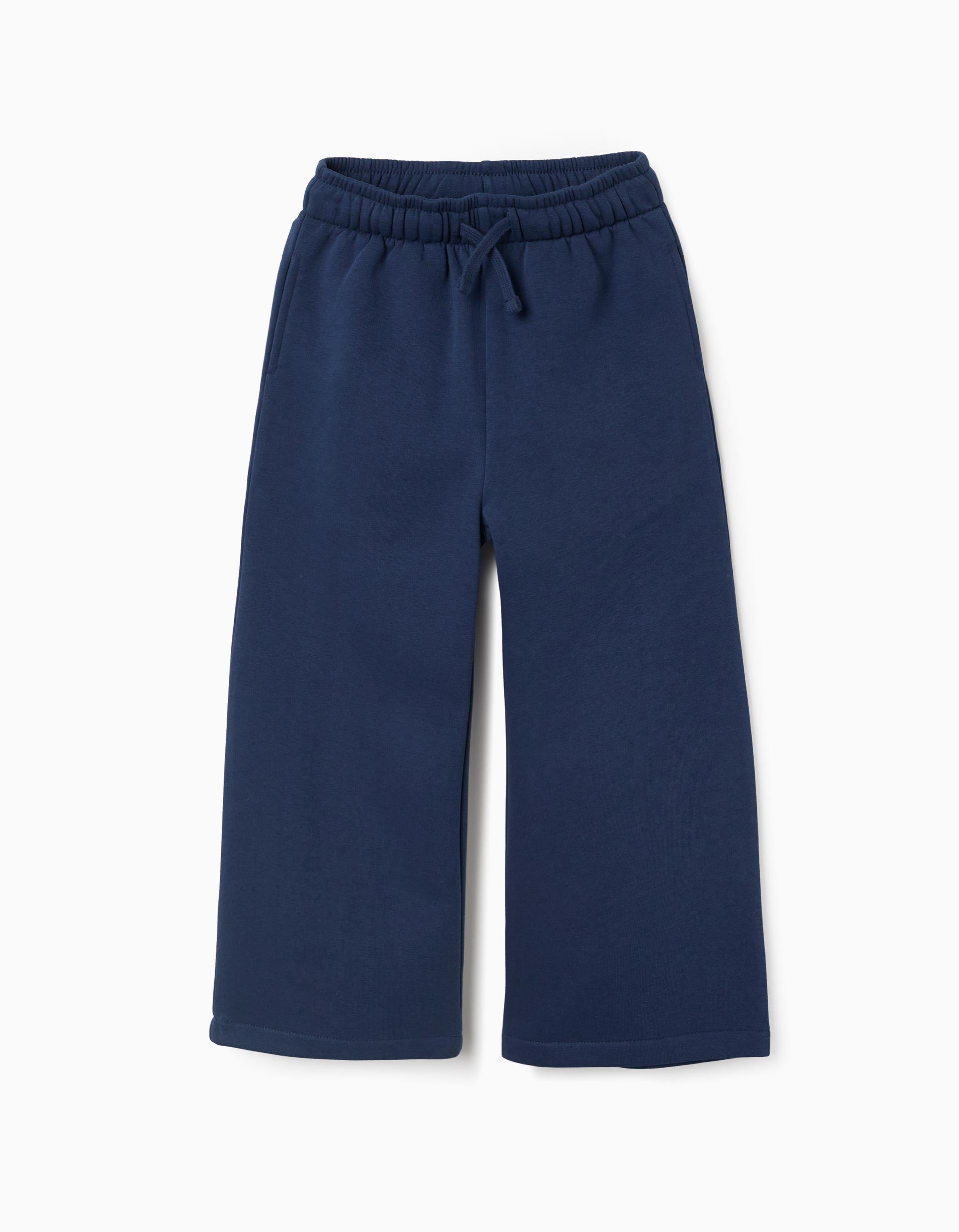 Calças de treino cardadas wide leg com cordão para menina, azul-escuro