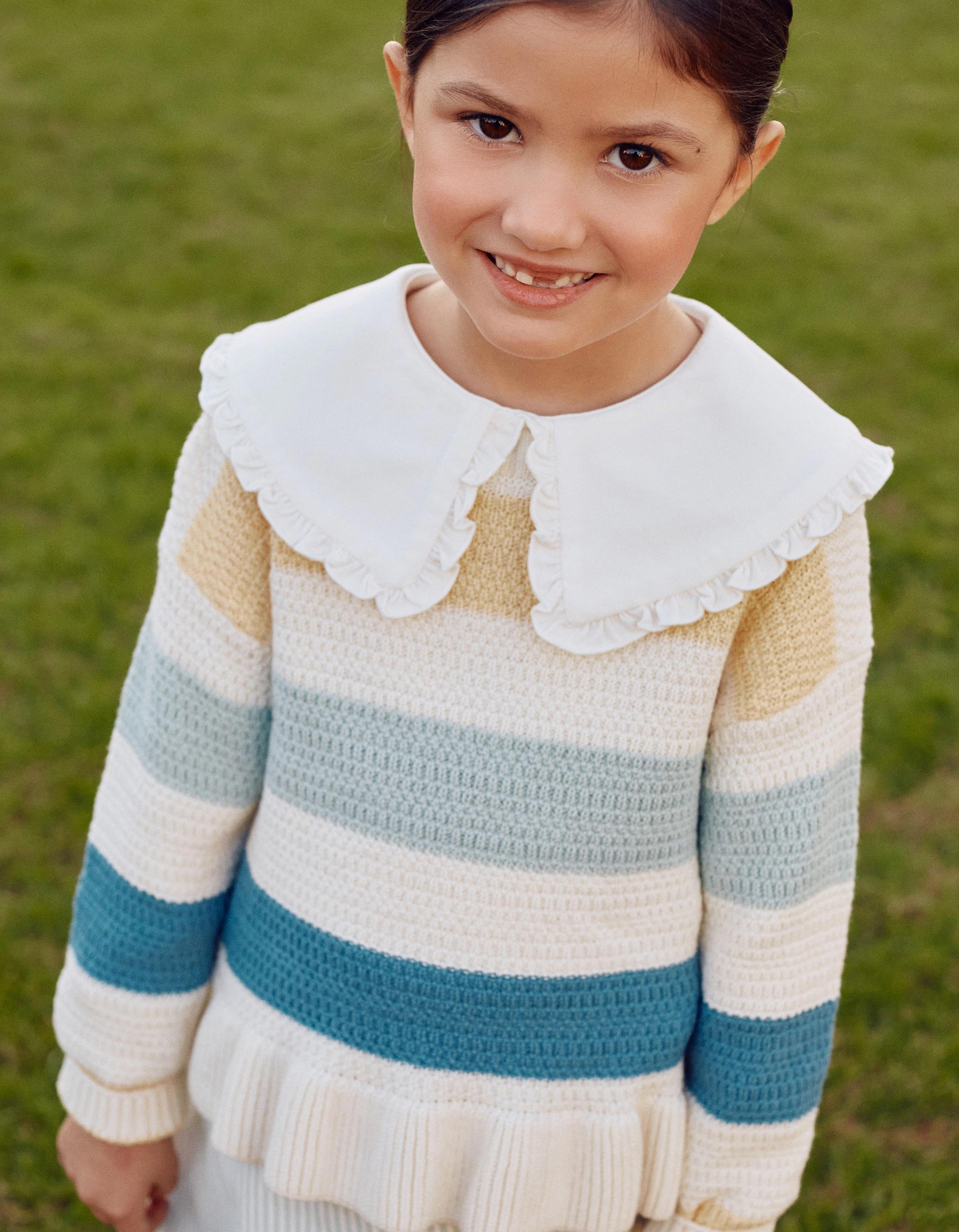 Camisola de malha com riscas e folhos para menina, multicolor