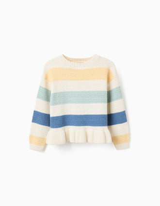 Camisola de malha com riscas e folhos para menina, multicolor