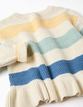 Camisola de malha com riscas e folhos para menina, multicolor