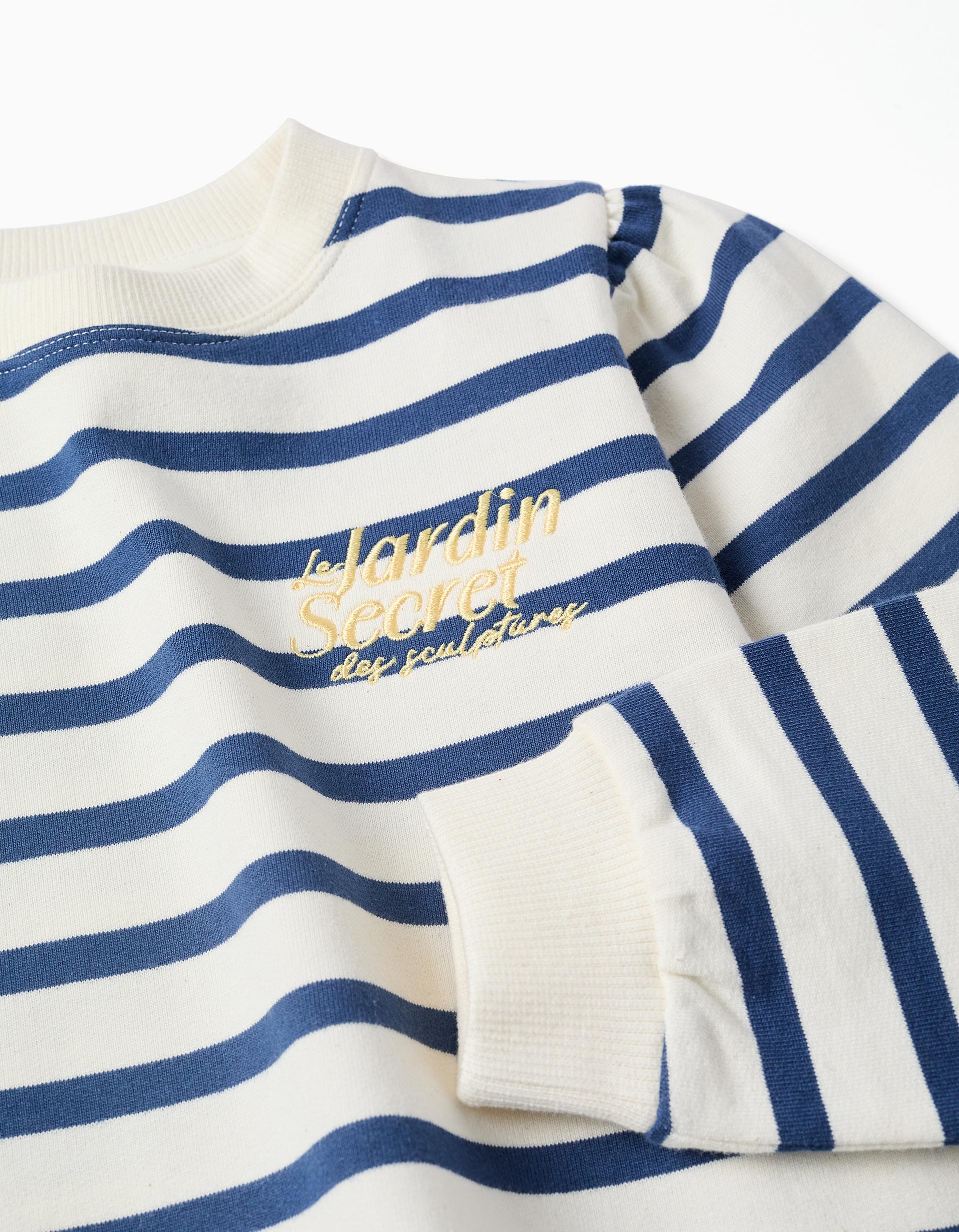 Sweat en coton à rayures et broderie pour fille, blanc/bleu