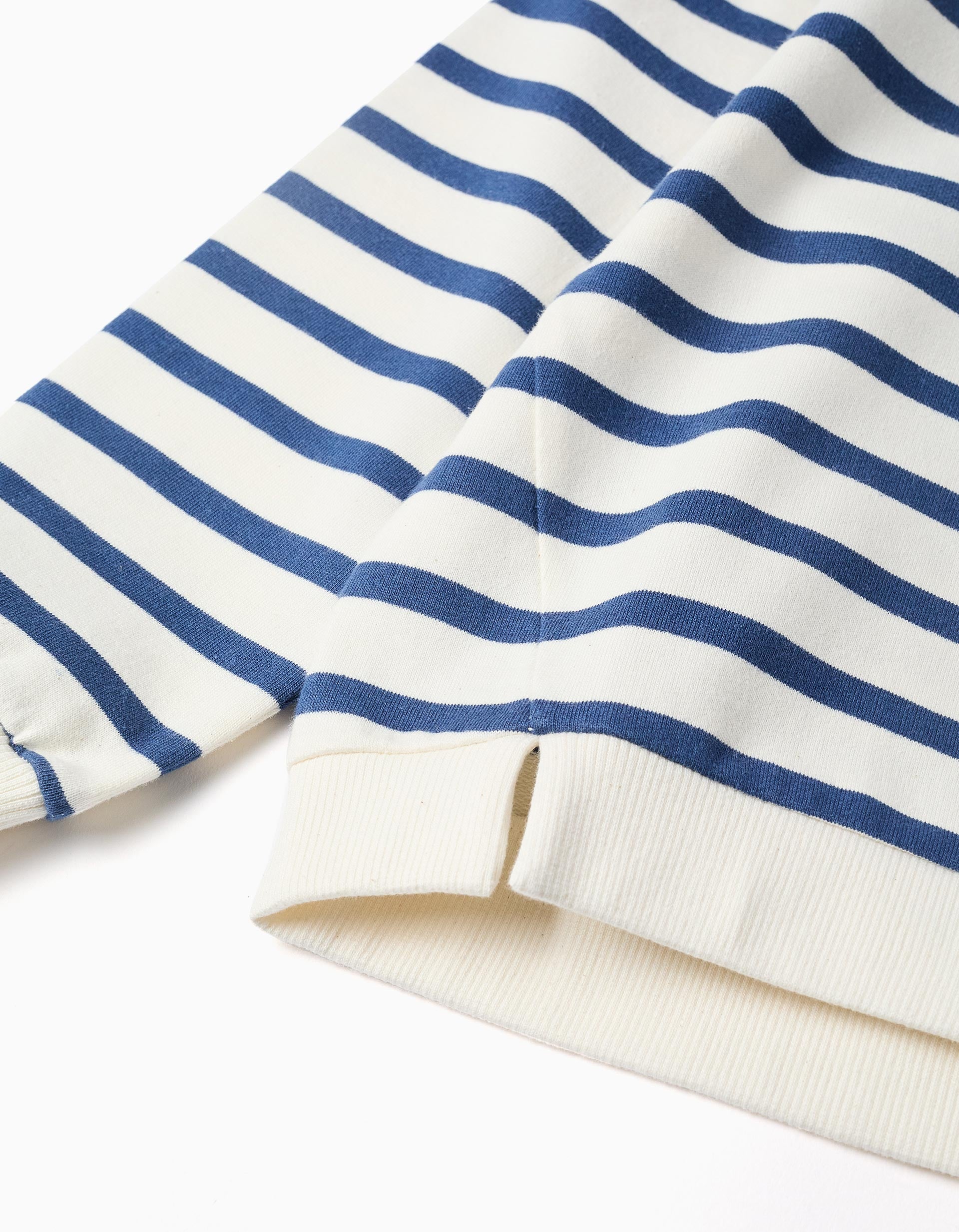 Sweat en coton à rayures et broderie pour fille, blanc/bleu