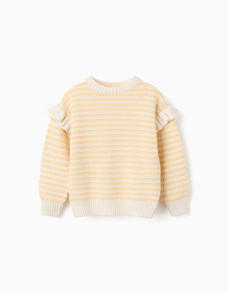 Camisola de malha com riscas e folhos para menina, amarelo/branco