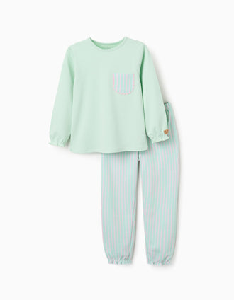 Long sleeve cotton pyjamas with stripes for girls, green/pink