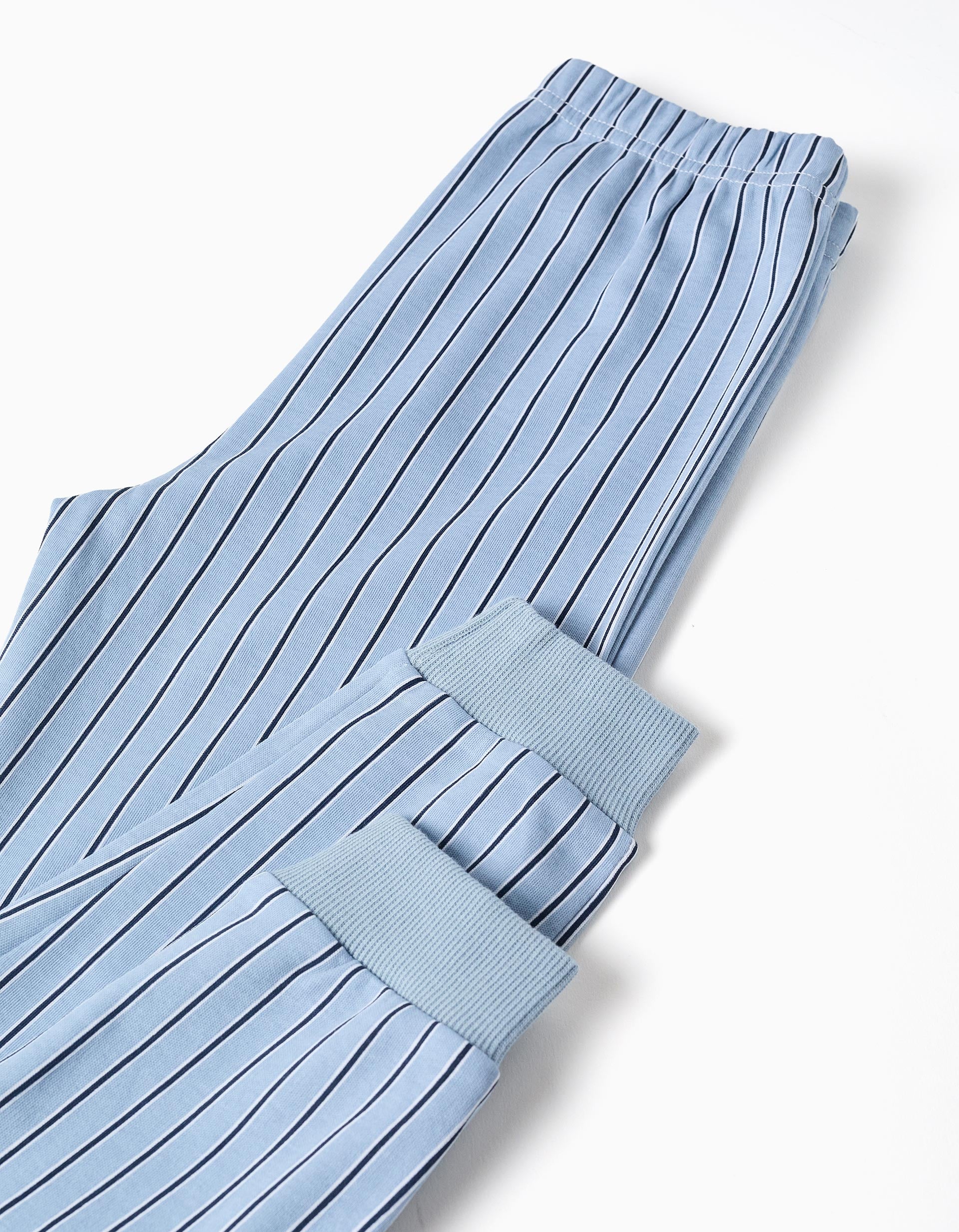 Pijama comprido de algodão às riscas para menino, azul/branco