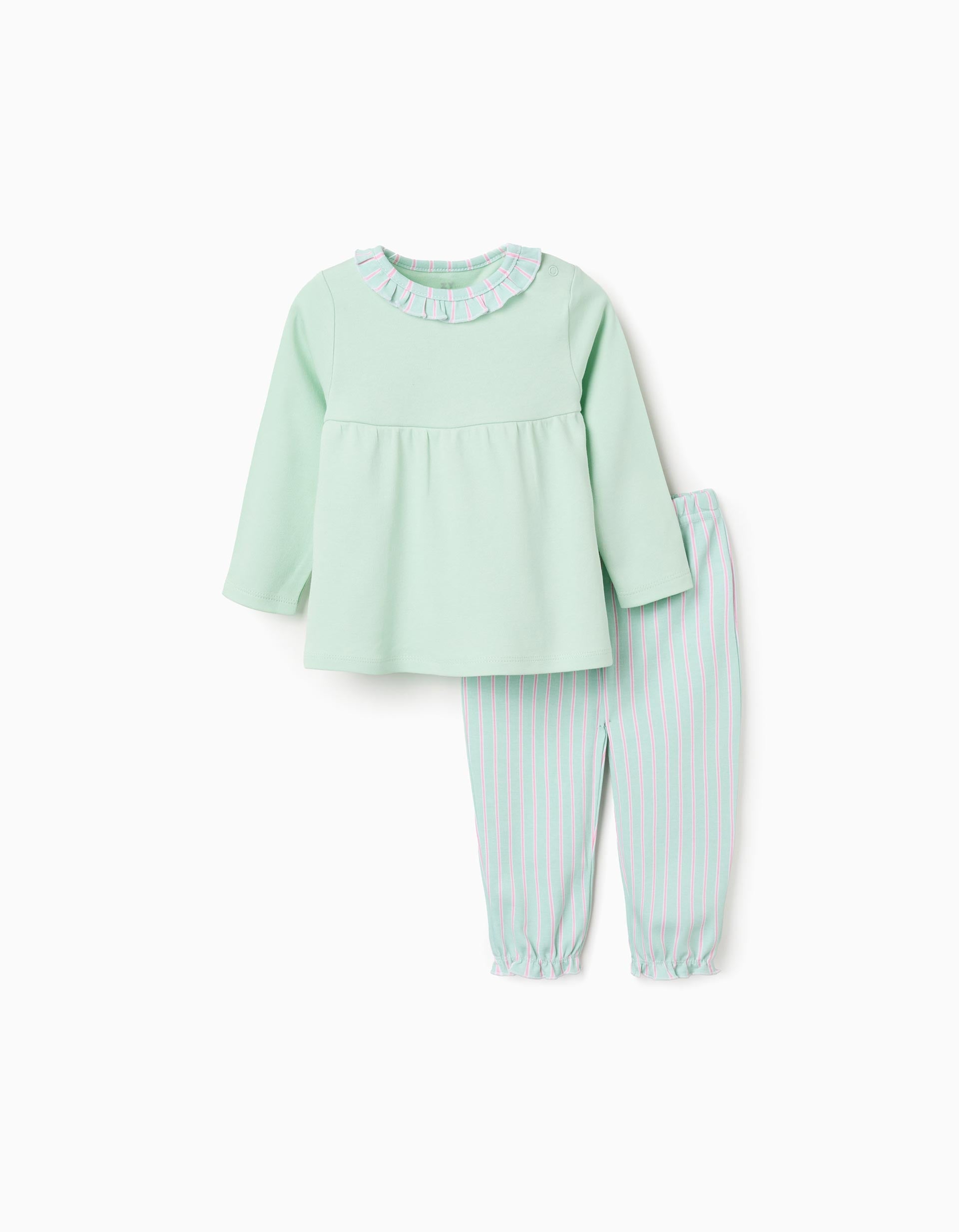 Pijama comprido de algodão às riscas para recém-nascida e bebé, verde/rosa