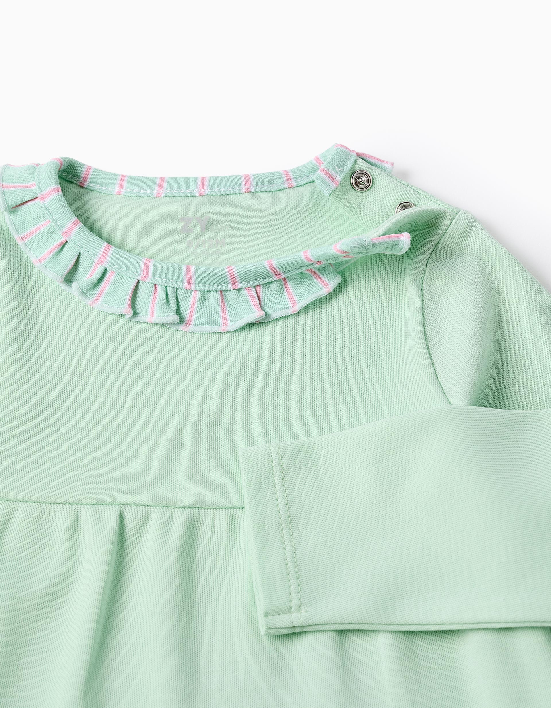 Pijama comprido de algodão às riscas para recém-nascida e bebé, verde/rosa