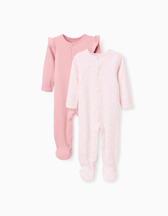 Pack of 2 cotton babygrows for newborn and baby girls, pink/white