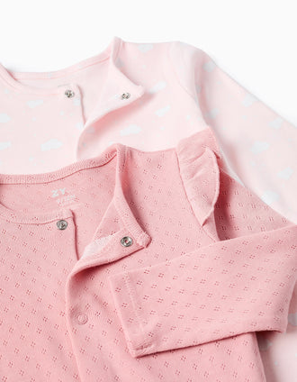 Pack of 2 cotton babygrows for newborn and baby girls, pink/white