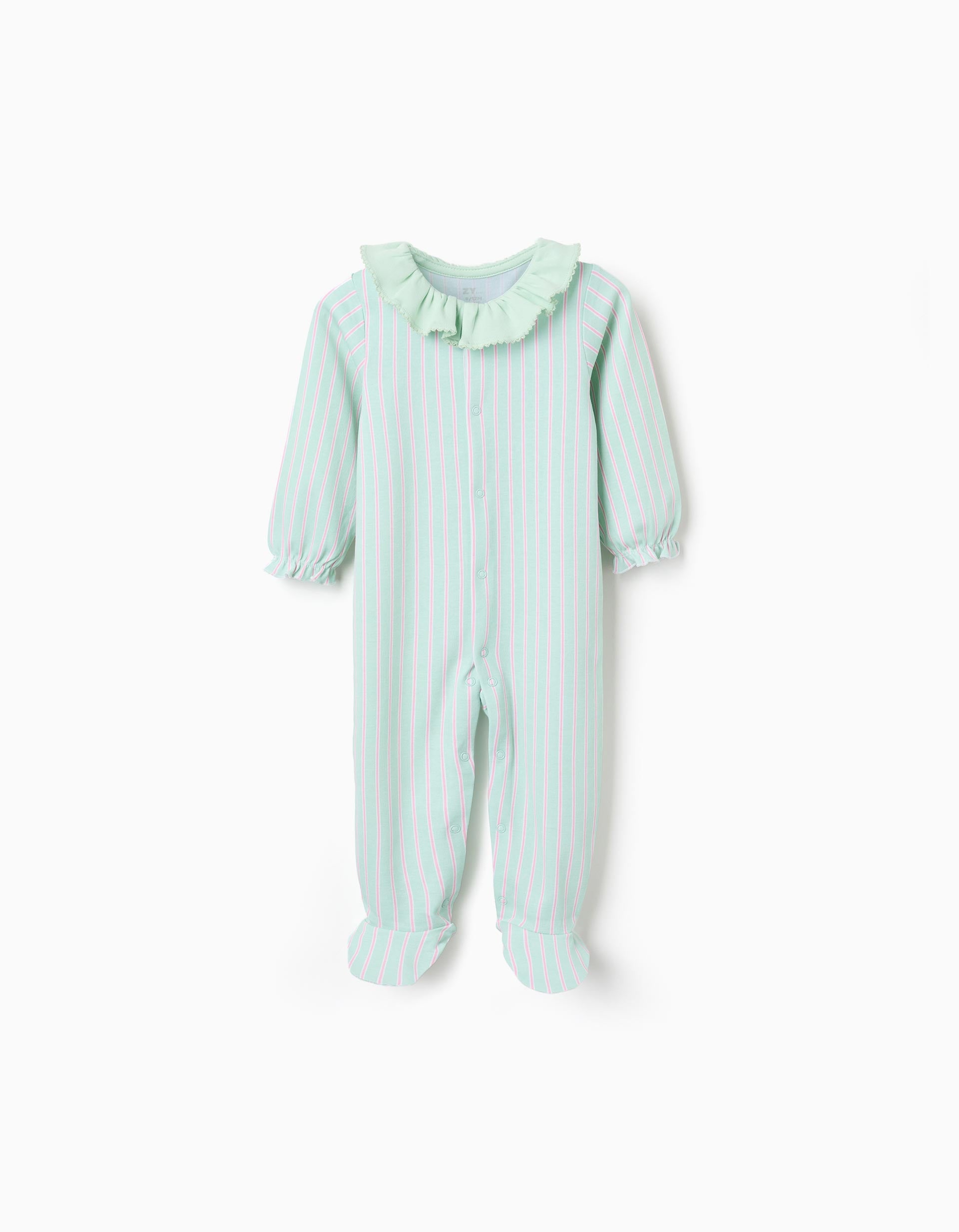 Babygrow de algodão às riscas para recém-nascida e bebé, verde/rosa