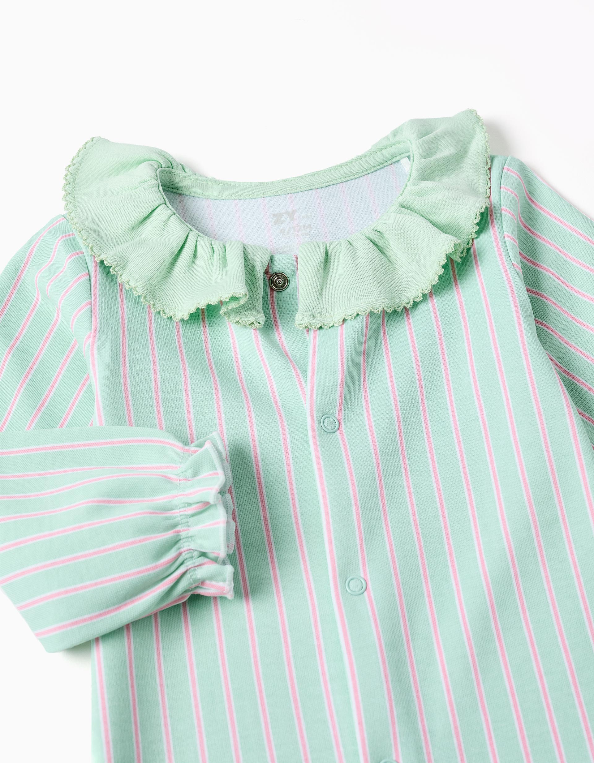 Babygrow de algodão às riscas para recém-nascida e bebé, verde/rosa