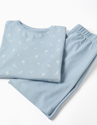 Pyjama court en coton avec motif éclair pour garçon, bleu clair