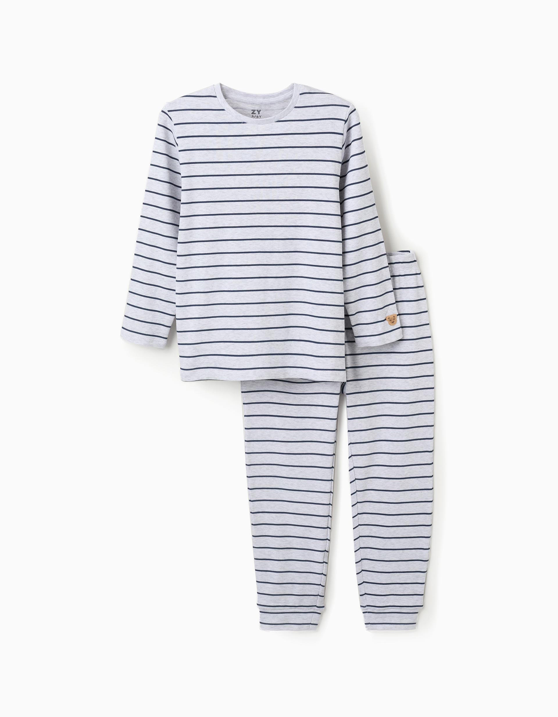 Pijama comprido de algodão canelado às riscas para menino, cinza/azul