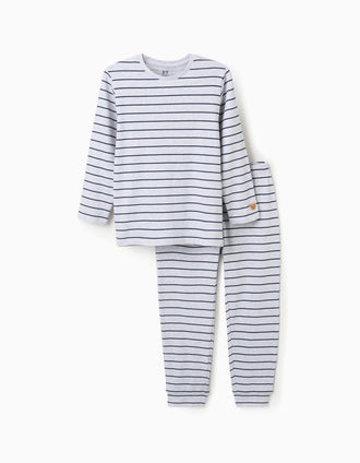 Long sleeve ribbed pyjamas with stripes for boys, grey/blue