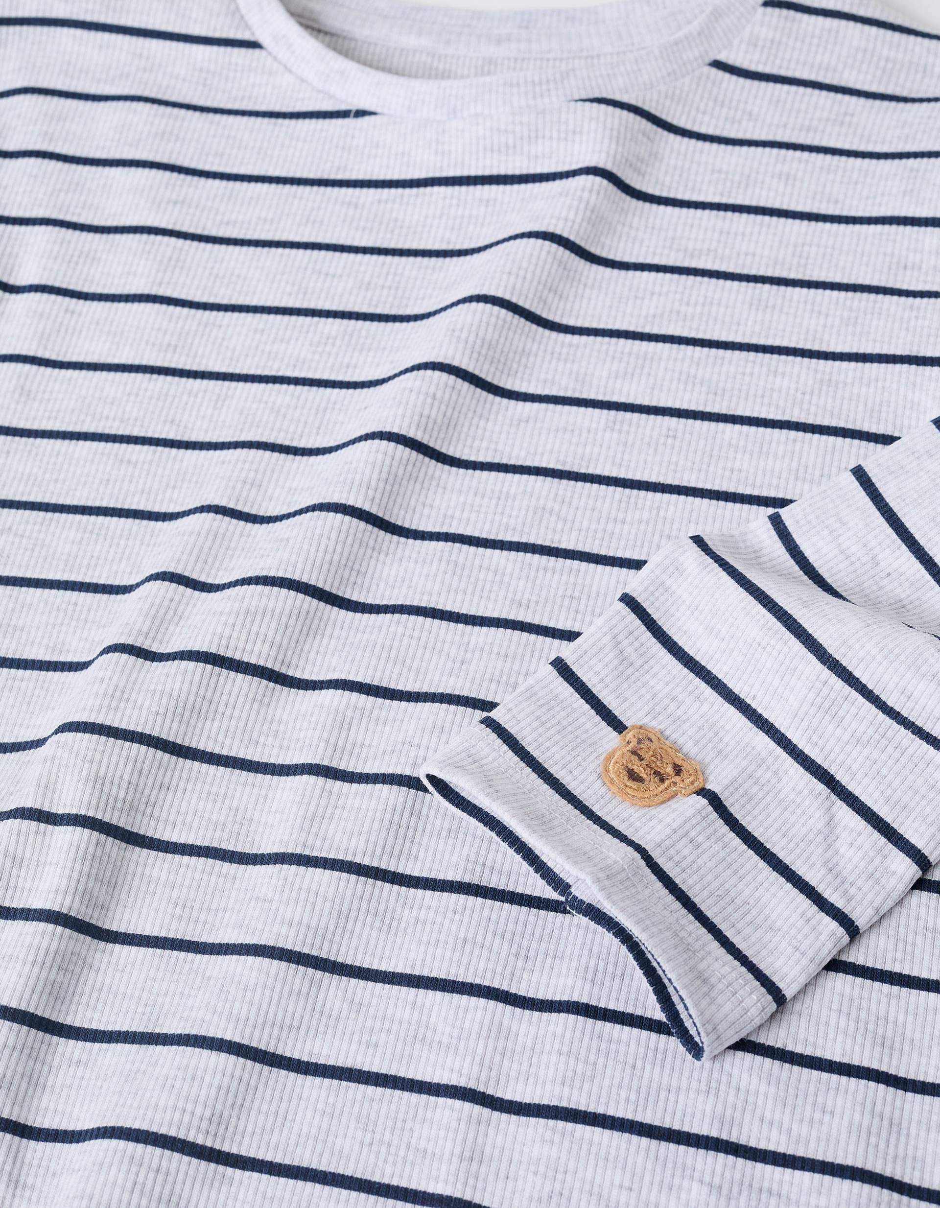 Pijama comprido de algodão canelado às riscas para menino, cinza/azul