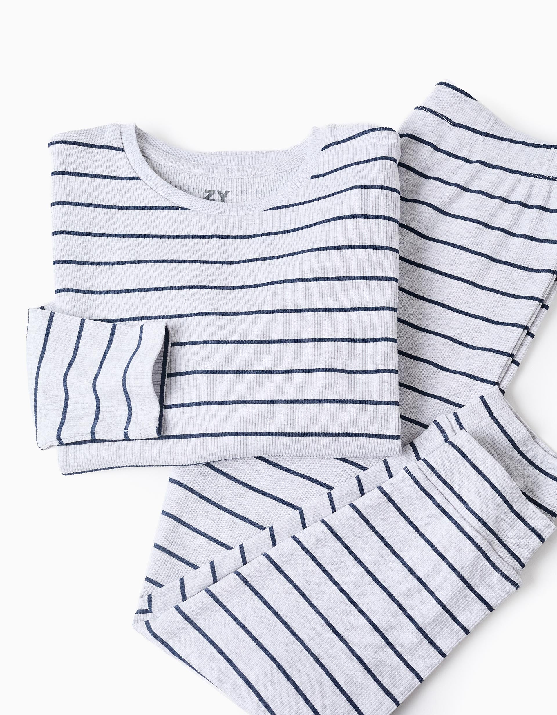 Pijama comprido de algodão canelado às riscas para menino, cinza/azul