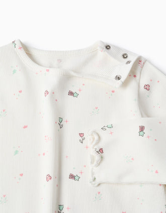 Long sleeve pyjamas with flowers and stars for newborn and baby girls, white