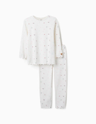 Long sleeve ribbed pyjamas with flowers and stars for girls, white