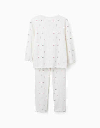 Long sleeve ribbed pyjamas with flowers and stars for girls, white