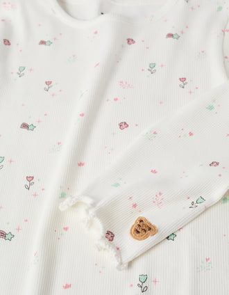 Long sleeve ribbed pyjamas with flowers and stars for girls, white