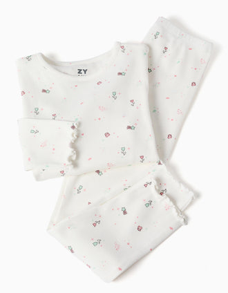 Long sleeve ribbed pyjamas with flowers and stars for girls, white