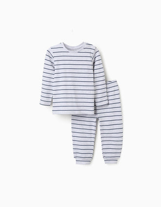 Long sleeve ribbed pyjamas with stripes for newborn and baby boys, grey/blue