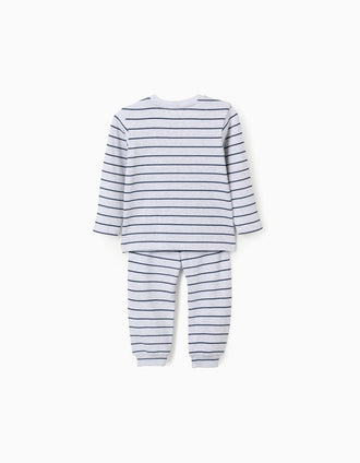 Long sleeve ribbed pyjamas with stripes for newborn and baby boys, grey/blue
