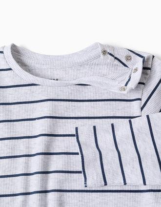 Long sleeve ribbed pyjamas with stripes for newborn and baby boys, grey/blue