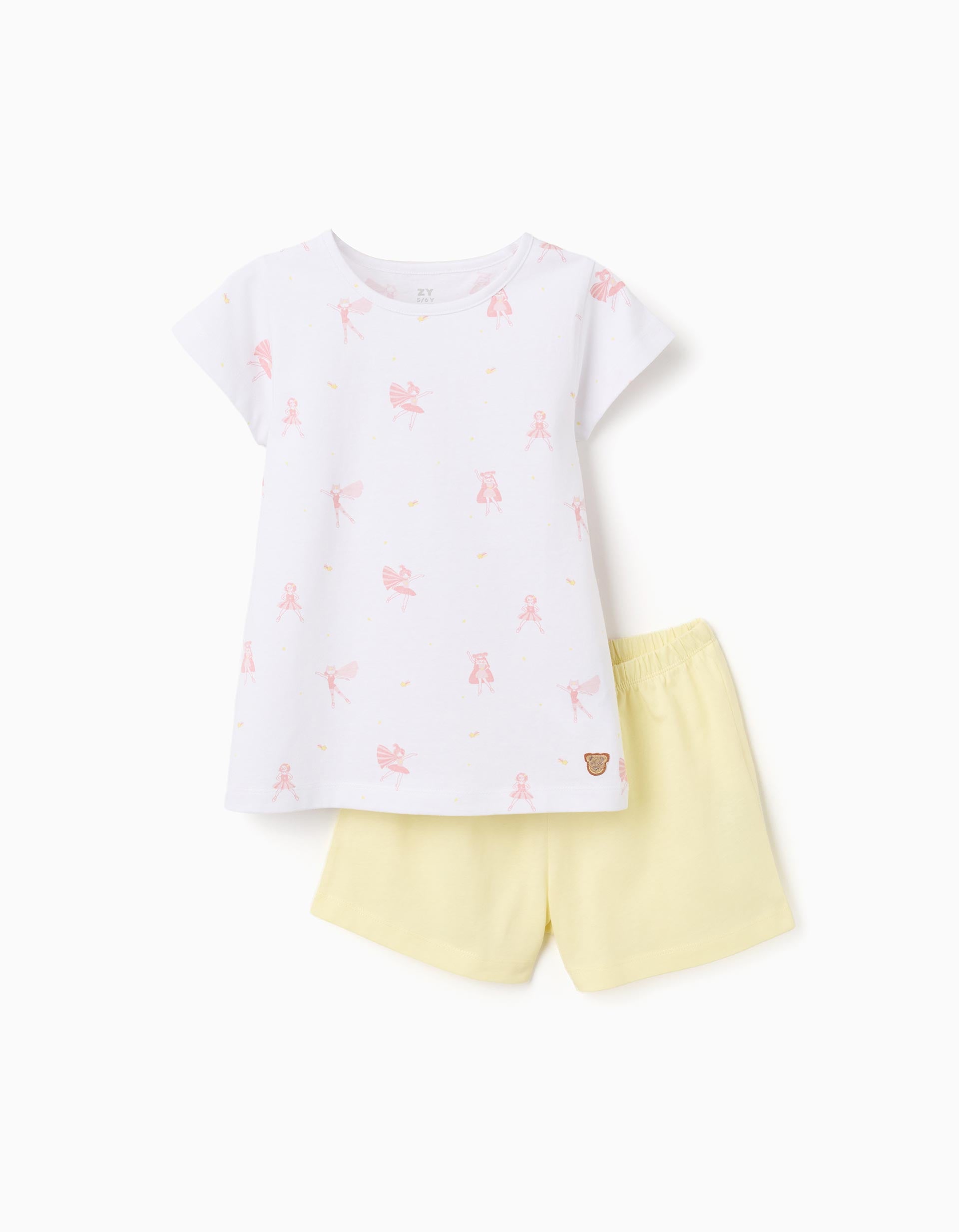 Pyjama court en coton avec motif pour fille, blanc/jaune