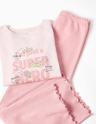 Long sleeve cotton pyjamas with Superhero print for girls, pink