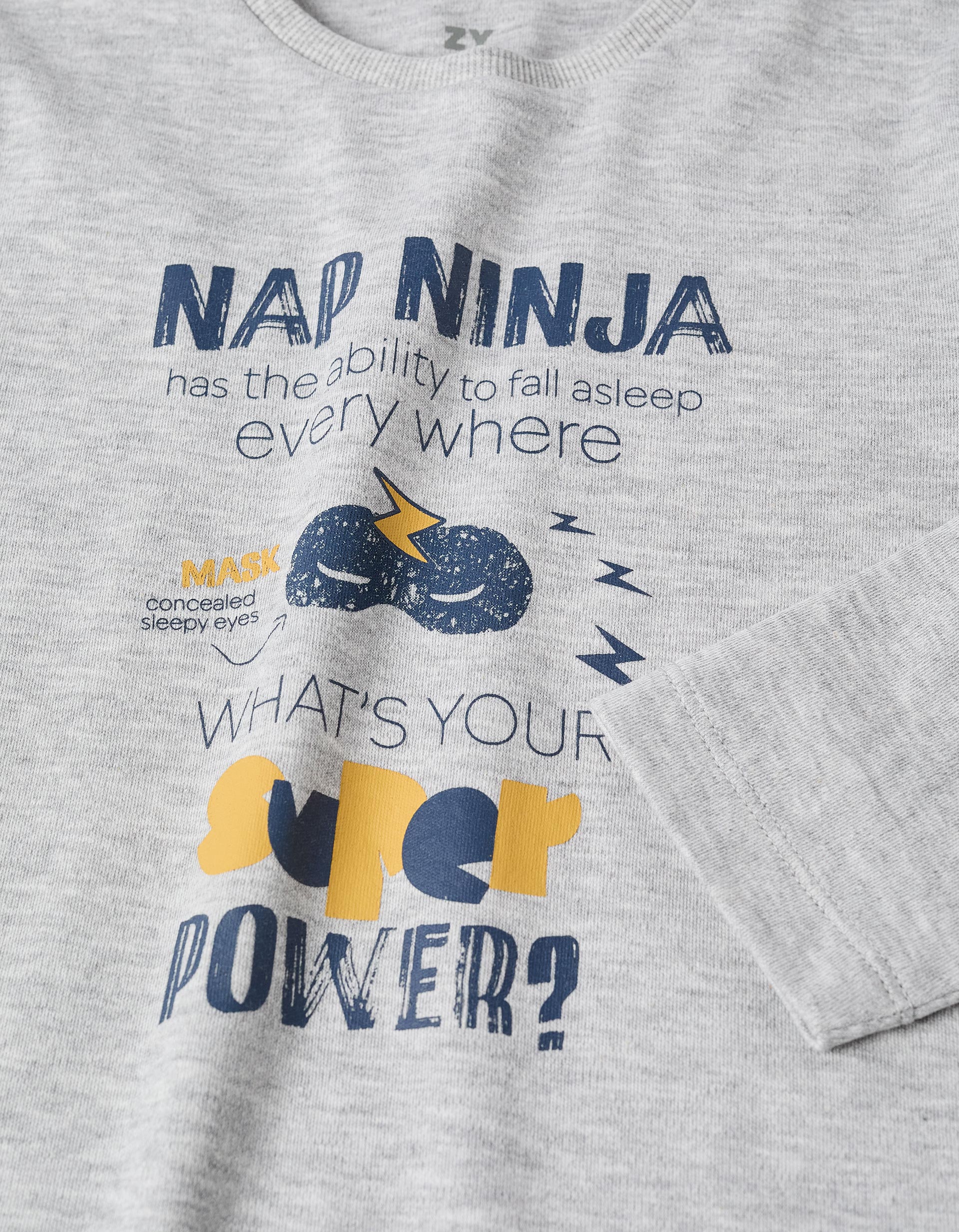 Long sleeve pyjamas with Nap Ninja print for boys, grey/yellow
