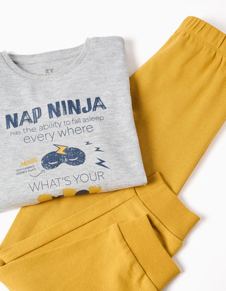 Pyjama long en coton avec imprimé Nap Ninja pour garçon, gris/jaune