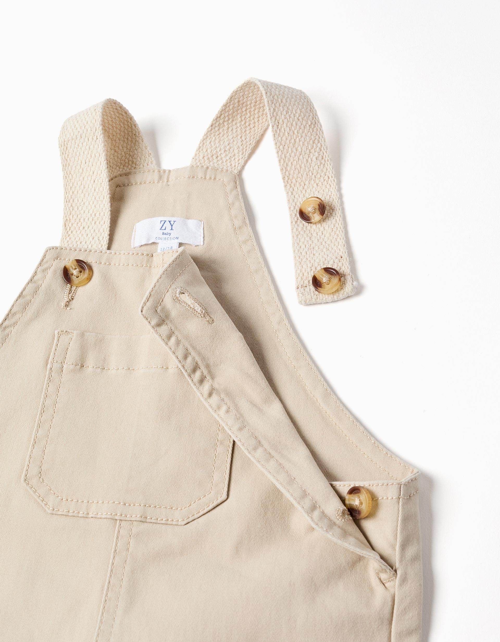 Jardineiras de sarja com alças ajustáveis para bebé menino, bege