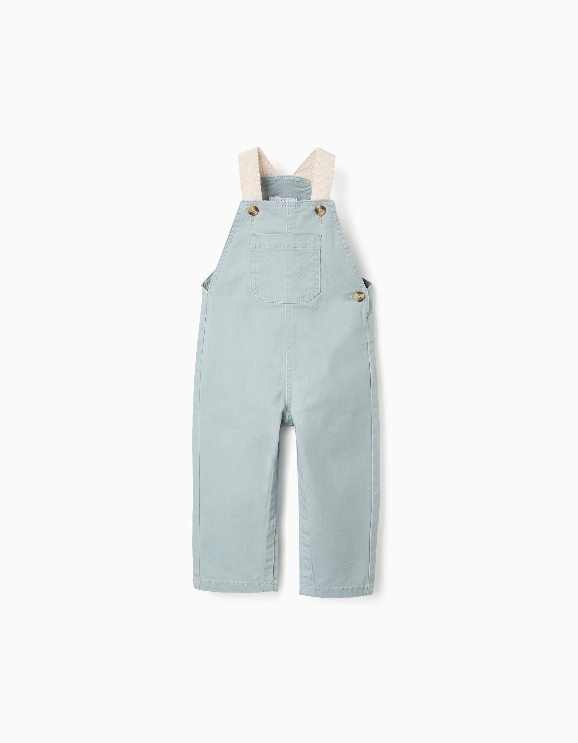 Twill dungarees with adjustable straps for baby boys, light green