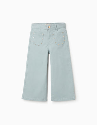 Calças wide leg de sarja com tachas para menina, verde-claro