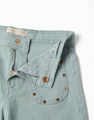 Calças wide leg de sarja com tachas para menina, verde-claro