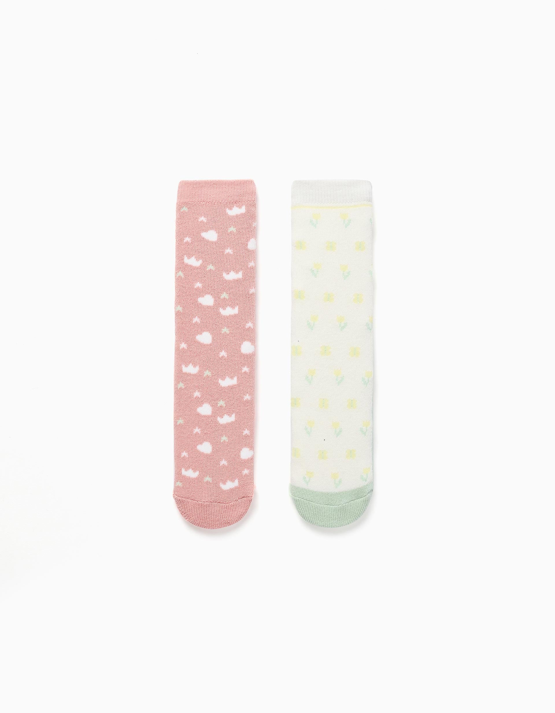 2 paires de chaussettes antidérapantes à motif pour fille, rose/blanc/vert