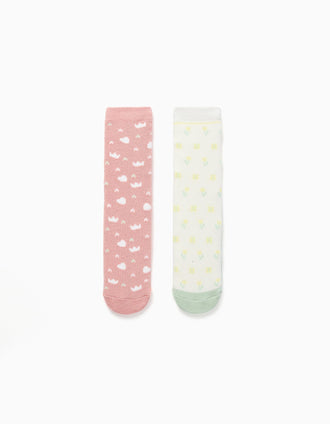 Pack of 2 non-slip thick socks with motifs for girls, pink/white/green