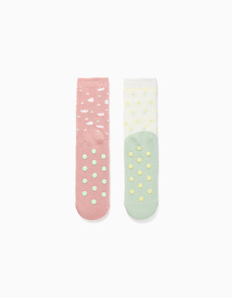 Pack of 2 non-slip thick socks with motifs for girls, pink/white/green
