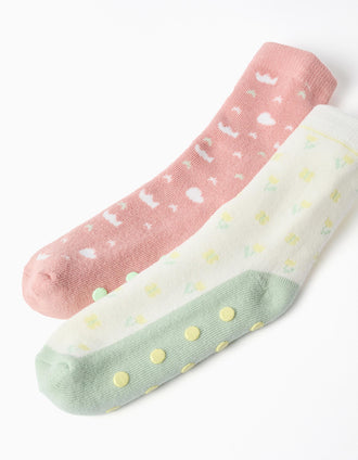 Pack of 2 non-slip thick socks with motifs for girls, pink/white/green