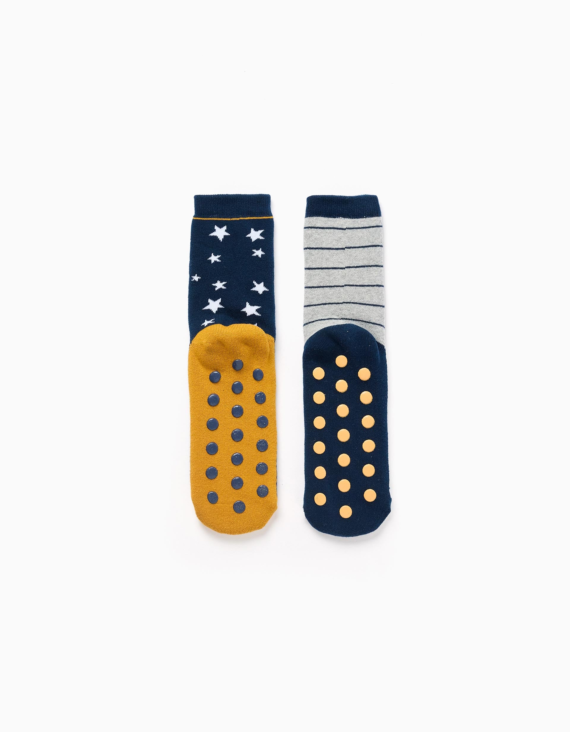 2 calcetines antideslizantes con motivos para niño, azul/gris/amarillo