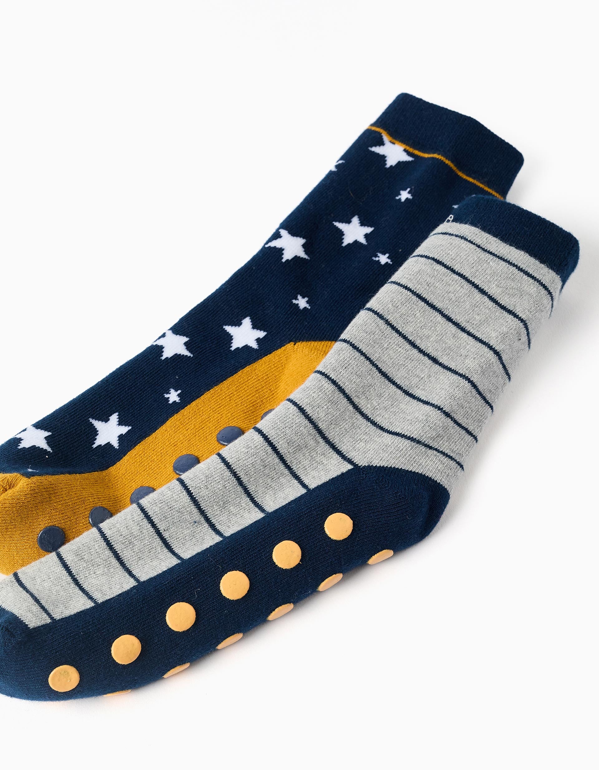 2 calcetines antideslizantes con motivos para niño, azul/gris/amarillo