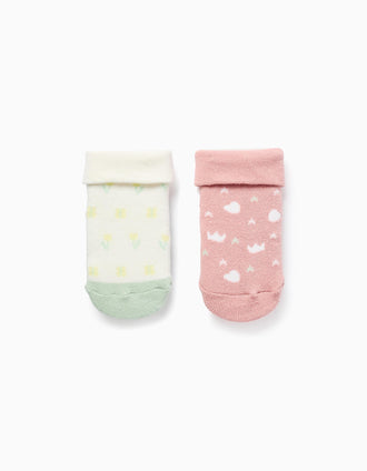 2 non-slip thick socks with motifs for newborn and baby girls, multicolour