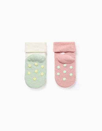 2 non-slip thick socks with motifs for newborn and baby girls, multicolour