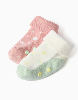 2 non-slip thick socks with motifs for newborn and baby girls, multicolour