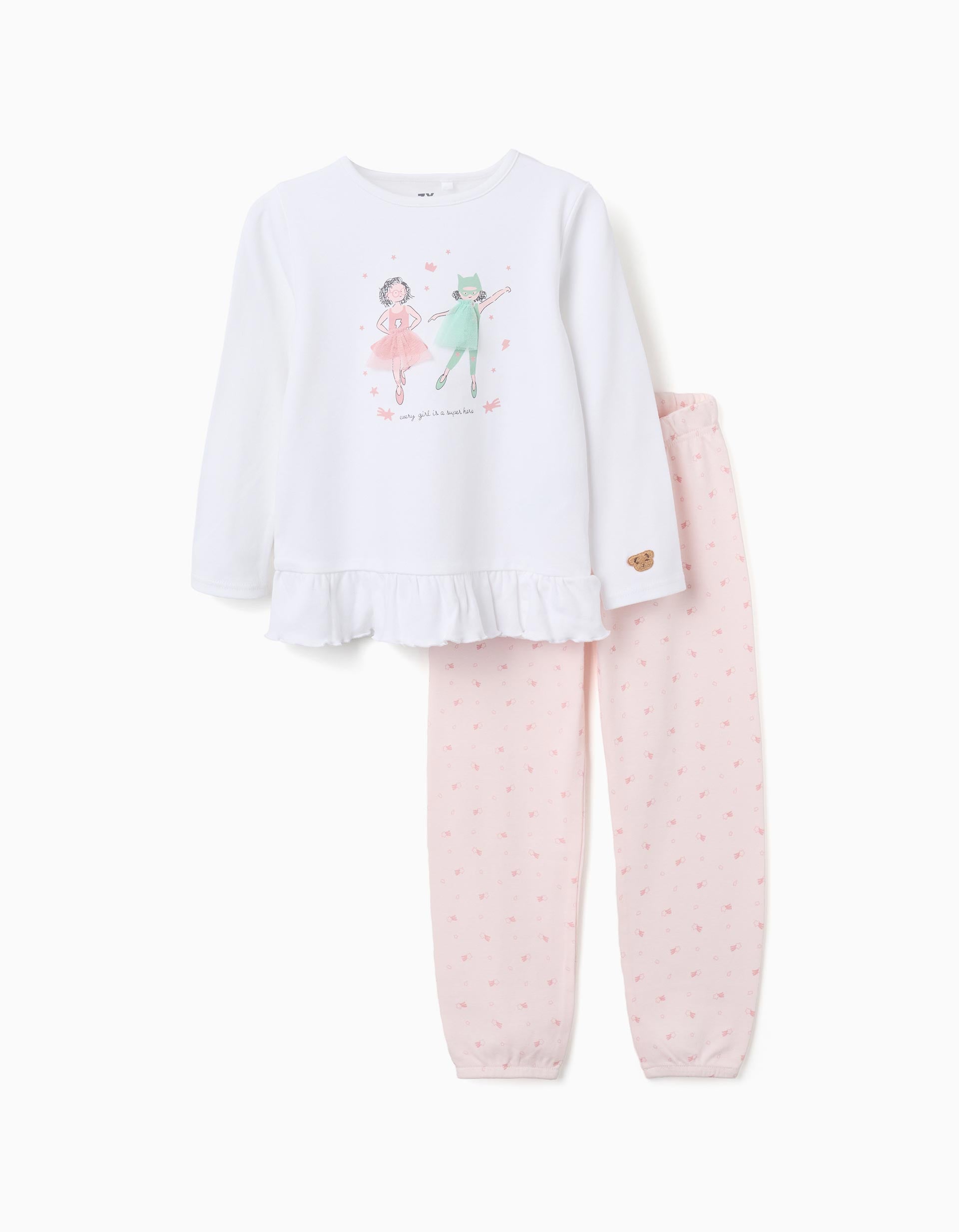 Pyjama à manches longues et imprimé Superhero pour fille, blanc/rose