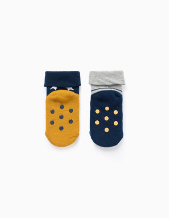 2 non-slip thick socks with motifs for newborn and baby boys, multicolour