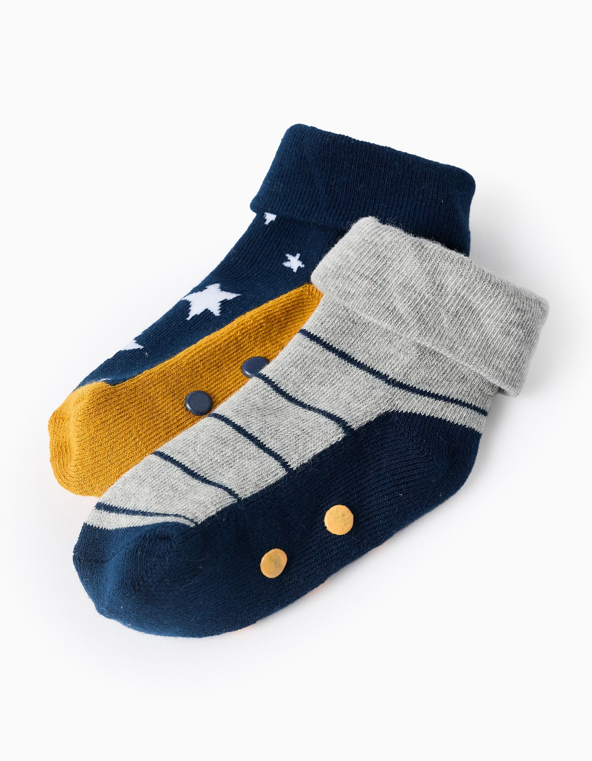 2 non-slip thick socks with motifs for newborn and baby boys, multicolour
